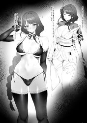 Rule 34 | 1girl, absurdres, bare shoulders, black bra, black gloves, black panties, black thighhighs, blunt bangs, blush, bra, braid, breasts, cleavage, closed mouth, elbow gloves, genshin impact, gloves, hair ornament, highres, japanese clothes, large breasts, long hair, looking at viewer, looking to the side, mole, mole under eye, monochrome, navel, neck ribbon, panties, raiden shogun, remora180, ribbon, single braid, solo, standing, stomach, sweatdrop, thick thighs, thighhighs, thighs, underwear, underwear only