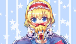 Rule 34 | 1girl, :d, alice margatroid, blonde hair, blue eyes, blush, blush stickers, bow, bowtie, capelet, covering own mouth, hair bow, hairband, looking at viewer, multiple girls, open mouth, outstretched arms, shanghai doll, short hair, silveroid, simple background, smile, spread arms, star (symbol), starry background, striped, striped background, touhou