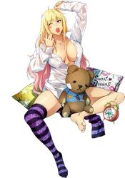 Rule 34 | 1girl, alarm clock, banpresto, barefoot, blonde hair, blush stickers, breasts, cleavage, clock, feet, gradient hair, large breasts, long hair, multicolored hair, official art, one eye closed, open clothes, open shirt, pillow, plump, red eyes, shatte judevesten, shirt, solo, striped clothes, striped thighhighs, stuffed animal, stuffed toy, super robot wars, super robot wars x-omega, teddy bear, thighhighs, thighs, two-tone hair, white shirt, yawning