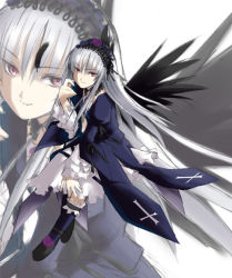 Rule 34 | 00s, 1girl, eretto, pale skin, pink eyes, rozen maiden, silver hair, solo, suigintou, wings, zoom layer