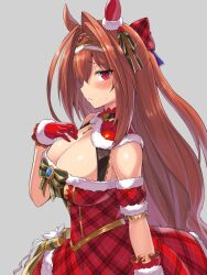 Rule 34 | 1girl, animal ears, bare shoulders, blush, bow, bowtie, breasts, brown hair, cleavage, daiwa scarlet (scarlet nuit etoile) (umamusume), daiwa scarlet (umamusume), detached collar, dress, edobox, fur-trimmed dress, fur trim, gloves, green bow, green bowtie, hair intakes, half updo, horse ears, horse girl, large breasts, long hair, looking at viewer, official alternate costume, red dress, red eyes, red gloves, solo, tiara, umamusume, very long hair