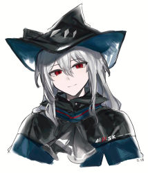 Rule 34 | 1girl, arknights, ascot, black ascot, black capelet, black hat, blush, capelet, chibi, closed mouth, cropped torso, dated, grey shirt, hair between eyes, hat, head tilt, highres, iwis, long hair, looking at viewer, red eyes, shirt, silver hair, simple background, skadi (arknights), smile, solo, upper body, white background