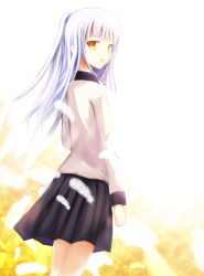 Rule 34 | 1girl, angel beats!, black skirt, feathers, high ponytail, long hair, looking at viewer, looking back, parted lips, pleated skirt, sakura ani, shirt, silver hair, simple background, skirt, solo, standing, tenshi (angel beats!), white background, white feathers, white shirt, yellow eyes