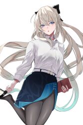 Rule 34 | 1girl, absurdres, black bow, black skirt, blue eyes, blush, bow, braid, breasts, collared shirt, dress shirt, fate/grand order, fate (series), french braid, grey hair, grey pantyhose, hair bow, high heels, highres, large breasts, long hair, long sleeves, looking at viewer, morgan le fay (chaldea satellite station) (fate), morgan le fay (fate), nigori (keydoor), office lady, open mouth, pantyhose, pencil skirt, ponytail, shirt, sidelocks, skirt, solo, thighs, very long hair, white shirt