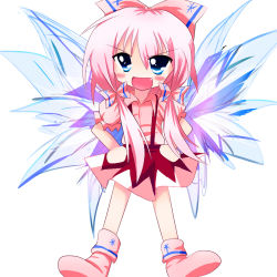 Rule 34 | 1girl, blue eyes, bow, child, cirno, fang, female focus, fujiwara no mokou, fusion, haiiro (immature), hands on own hips, if they mated, lowres, open mouth, pink hair, solo, suspenders, touhou, wings