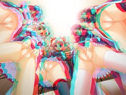 Rule 34 | 5girls, anaglyph, blue hair, censored, elf, maid, multiple girls, pointy ears, pussy, shy, white hair