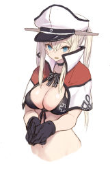 Rule 34 | 1girl, bad id, bad pixiv id, black bra, black gloves, blonde hair, blue eyes, bra, breasts, capelet, cropped torso, gloves, goekawa, graf zeppelin (kancolle), hair between eyes, hat, highres, kantai collection, large breasts, long hair, navel, open mouth, peaked cap, sidelocks, simple background, solo, twintails, underwear, white background