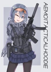 Rule 34 | 1girl, ;d, absurdres, black pantyhose, blue eyes, blue skirt, d-sawa613, english text, gloves, goggles, goggles on head, grey background, grey gloves, grey hair, grey jacket, grey ribbon, gun, h&amp;k mp5, hair between eyes, hair ribbon, head tilt, highres, holding, holding gun, holding weapon, jacket, layered skirt, long hair, long sleeves, looking at viewer, low twintails, one eye closed, open mouth, original, pantyhose, pleated skirt, ribbon, skirt, sleeves past wrists, smile, solo, standing, submachine gun, suppressor, twintails, two-tone background, weapon