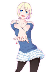 Rule 34 | 1girl, :d, bare shoulders, black pantyhose, blonde hair, blue eyes, blush, camisole, collarbone, contrapposto, frilled skirt, frills, highres, interlocked fingers, looking at viewer, nail polish, necktie, off-shoulder shirt, off shoulder, open mouth, original, own hands clasped, own hands together, pantyhose, red nails, red necktie, shirt, short hair, simple background, skirt, smile, solo, solvalou, standing, v arms, white background, white skirt