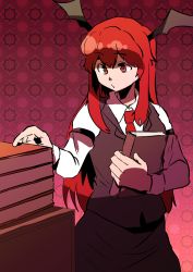 Rule 34 | 1girl, :/, armband, bat wings, black skirt, black vest, book, hugging book, book stack, commentary request, desk, dress shirt, gagamatsu, geometric pattern, head wings, holding, holding book, koakuma, long hair, long sleeves, looking down, necktie, hugging object, one-hour drawing challenge, red eyes, red hair, red necktie, shirt, sidelocks, skirt, skirt set, solo, standing, touhou, vest, white shirt, wings