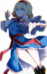 Rule 34 | 1girl, alice margatroid, blonde hair, blue dress, blue eyes, blurry, boots, capelet, chiruru96, chromatic aberration, dress, hairband, looking at viewer, puppet strings, ribbon, sash, short hair, simple background, solo, string, touhou, white background