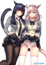 Rule 34 | 2girls, :o, animal ears, arm around shoulder, aruma jiki, beige vest, black bow, black hair, black neckwear, black skirt, blue eyes, bow, bow panties, bowtie, breasts, cameltoe, cat ears, cat girl, cat tail, clothes lift, collar, collared shirt, facial mark, final fantasy, final fantasy xiv, frilled panties, frills, gluteal fold, green eyes, grey jacket, hand on another&#039;s shoulder, jacket, large breasts, lifting own clothes, light blush, long hair, miqo&#039;te, multiple girls, necktie, open clothes, open jacket, open mouth, over-kneehighs, panties, panties under pantyhose, pantyhose, pink hair, pleated skirt, school uniform, shirt, side-tie panties, simple background, skindentation, skirt, skirt lift, smile, striped clothes, striped panties, tail, thighband pantyhose, thighhighs, thighs, twitter username, underwear, uniform, warrior of light (ff14), white background, white collar, white legwear, white panties