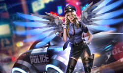 Rule 34 | 1girl, alternate costume, black gloves, blonde hair, blurry, car, cuffs, depth of field, gloves, gun, hair over one eye, handcuffs, handgun, highres, holster, liang xing, mechanical wings, mercy (overwatch), motor vehicle, necktie, overwatch, overwatch 1, parted lips, police, police car, police uniform, policewoman, rain, solo, thigh holster, thighhighs, uniform, weapon, white gloves, wings