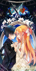 Rule 34 | 10s, 1boy, 1girl, :d, asuna (sao), black eyes, black hair, blush, braid, brown eyes, couple, dress, elbow gloves, eye contact, flower, from side, gloves, hair ribbon, heart, hetero, highres, jewelry, kirito, lily (flower), long hair, looking at another, married, open mouth, orange hair, ornate ring, ribbon, ring, sheska xue, short hair, smile, stained glass, sword, sword art online, weapon, wedding band, wedding dress, wedding ring
