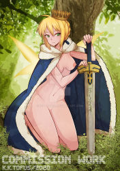 Rule 34 | 1girl, armpits, artoria pendragon (all), artoria pendragon (fate), barefoot, blonde hair, blue cape, braid, breasts, cape, casual nudity, unworn clothes, collarbone, completely nude, crown, eyelashes, fate (series), feet, female focus, forest, french braid, full body, green eyes, hair between eyes, hands up, highres, holding, holding sword, holding weapon, k.k.tofus, kneeling, legs, legs together, long hair, looking to the side, medium breasts, naked cape, nature, navel, neck, nipples, nude, nudist, outdoors, planted, planted sword, planted weapon, pussy, saber (fate), shiny skin, sidelocks, sword, thighs, thighs together, tiptoes, toenails, toes, tree, weapon