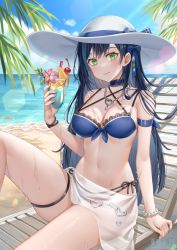 Rule 34 | 1girl, arm strap, bare shoulders, beach, bead bracelet, bead necklace, beads, bikini, black hair, blue bikini, blue choker, bracelet, breasts, chair, choker, cleavage, closed mouth, day, frilled bikini, frills, front-tie bikini top, front-tie top, green eyes, hand up, hat, holding, jewelry, knee up, large breasts, lin (tower of fantasy), long hair, looking at viewer, lounge chair, mole, mole under eye, multi-strapped bikini, multicolored hair, natsume koji, navel, necklace, outdoors, sarong, see-through, side-tie bikini bottom, sitting, skindentation, smile, solo, stomach, strap gap, streaked hair, string bikini, sun hat, swimsuit, thigh strap, thighs, tower of fantasy, very long hair, wet, white hat