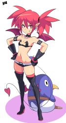 Rule 34 | 1girl, armband, artist name, bare shoulders, belt, bigdead, black footwear, black gloves, black shorts, black thighhighs, boots, choker, demon tail, demon wings, disgaea, earrings, etna (disgaea), female focus, flat chest, full body, gloves, high heel boots, high heels, highres, jewelry, matching hair/eyes, micro shorts, pointy ears, red eyes, red hair, shorts, smile, solo, standing, tail, thigh boots, thighhighs, twintails, wings