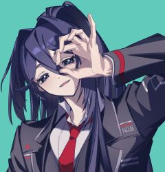 Rule 34 | 1boy, absurdres, angellyuna, black coat, black vest, blue background, blue hair, coat, collared shirt, hair intakes, heterochromia, high ponytail, highres, hong lu (project moon), limbus company, long hair, long sleeves, looking at viewer, male focus, necktie, ok sign, ok sign over eye, open mouth, project moon, red necktie, shirt, simple background, smile, solo, upper body, very long hair, vest, white shirt, wing collar