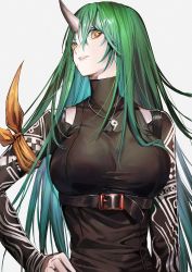 Rule 34 | 1girl, aoki (fumomo), arknights, armband, black shirt, breasts, clothing cutout, commentary, facial scar, green hair, grey background, hair between eyes, hand on own hip, highres, horns, hoshiguma (arknights), hoshiguma (ronin huntress) (arknights), jewelry, large breasts, long hair, looking at viewer, magatama, magatama necklace, necklace, official alternate costume, parted lips, scar, scar on cheek, scar on face, shirt, shoulder cutout, simple background, single horn, skin-covered horns, smile, solo, straight hair, strap, symbol-only commentary, turtleneck, upper body, yellow eyes