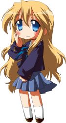 bad_id bad_pixiv_id blonde_hair blue_eyes chibi full_body highres k-on! kotobuki_tsumugi long_hair lucky_star oyu_no_kaori parody school_uniform solo style_parody transparent_background