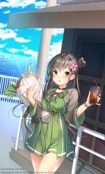 Rule 34 | 1girl, :o, artist name, beach house, black hair, blouse, blush, bouquet, cowboy shot, cup, day, diffraction spikes, dress, email address, flower, green dress, green eyes, green skirt, grey shirt, hands up, highres, holding, holding bouquet, horizon, kuri choko, long hair, looking at viewer, one side up, open mouth, original, outdoors, pinafore dress, pleated dress, pleated skirt, railing, shirt, skirt, sleeveless dress, sleeves past elbows, solo, tsurime, watch, wristwatch