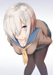 Rule 34 | 10s, 1girl, bent over, black pantyhose, blue eyes, blue skirt, breasts, cleavage, collarbone, grey hair, hair ornament, hair over one eye, hairclip, hamakaze (kancolle), hanging breasts, highres, kantai collection, leaning forward, long sleeves, looking at viewer, medium breasts, neckerchief, pantyhose, pleated skirt, saku (kudrove), short hair, simple background, skirt, solo, sweater, undressing, white background, yellow neckerchief