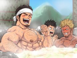 Rule 34 | 3boys, abs, bamboo fence, bara, black hair, blush, body hair, chest hair, chun (luxtan), cup, drunk, facial hair, fence, happy, headband, highres, large pectorals, laughing, male focus, manly, mountain, multiple boys, muscular, nipples, onsen, original, pectorals, rock, short hair, steam, stubble, surprised, toned, toned male, upper body, water, wet