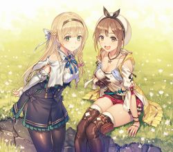 Rule 34 | 2girls, :d, anbe yoshirou, atelier (series), atelier ryza, atelier ryza 1, belt, blonde hair, blue neckwear, blue ribbon, bow, braid, breasts, brown eyes, brown gloves, brown hair, brown legwear, cleavage, collarbone, commentary request, detached sleeves, flower, gloves, grass, green eyes, hair bow, hairband, hat, highres, huge filesize, jewelry, klaudia valentz, long hair, looking at viewer, medium breasts, multiple girls, necklace, open mouth, pantyhose, red shorts, reisalin stout, ribbon, short hair, short shorts, shorts, single braid, single glove, sitting, smile, standing, star (symbol), thighhighs, thighs, white bow, white headwear