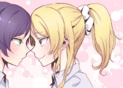 Rule 34 | 10s, 2girls, ayase eli, bad id, bad pixiv id, blonde hair, blue eyes, blush, couple, eye contact, face-to-face, green eyes, highres, ikarin, long hair, looking at another, love live!, love live! school idol project, multiple girls, noses touching, ponytail, portrait, profile, purple hair, smile, tojo nozomi, yuri