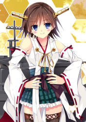 Rule 34 | 10s, 1girl, alternate legwear, bad id, bad pixiv id, bare shoulders, black thighhighs, blue eyes, blush, brown hair, cannon, detached sleeves, frilled skirt, frills, hairband, hands on own hips, headgear, hiei (kancolle), japanese clothes, kantai collection, kobayashi chisato, nontraditional miko, personification, plaid, plaid skirt, ribbon-trimmed sleeves, ribbon trim, short hair, skirt, smile, solo, thighhighs, turret