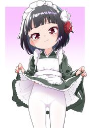 Rule 34 | 1girl, alternate costume, apron, black hair, blunt bangs, blush, closed mouth, clothes lift, dress, dress lift, enmaided, frills, green dress, hair ribbon, ishigaki (kancolle), kantai collection, lifted by self, long sleeves, looking at viewer, maid, maid headdress, nassukun, pantyhose, red ribbon, ribbon, short hair, simple background, solo, white apron, white pantyhose, white ribbon