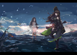 Rule 34 | 2girls, assault rifle, barefoot, boots, breasts, brown eyes, brown hair, closed mouth, cloud, commentary request, dress, english text, girls&#039; frontline, gun, letterboxed, long hair, looking at viewer, m4 carbine, m4a1 (girls&#039; frontline), m4a1 (mod3) (girls&#039; frontline), mai (xskdizzy), medium breasts, mod3 (girls&#039; frontline), multiple girls, outdoors, rifle, scenery, sky, smoke, standing, sundress, very long hair, weapon, white dress, wind