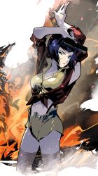 Rule 34 | 1girl, aqua eyes, arm behind head, blue hair, bob cut, breasts, cofffee, cowboy bebop, cowboy shot, cropped vest, faye valentine, fire, glock, gun, handgun, holding, holding gun, holding weapon, large breasts, lipstick, looking at viewer, makeup, midriff, nail polish, parted bangs, popped collar, red nails, red shirt, shirt, short hair, short shorts, shorts, solo, thighhighs, thong, vest, weapon, white thighhighs, widow&#039;s peak, yellow shorts, yellow vest