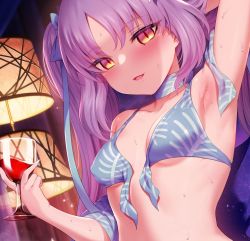 Rule 34 | 1girl, alcohol, arm up, armpits, bare shoulders, bikini, blue bikini, blush, breasts, collarbone, cup, drinking glass, euryale (fate), fate/grand order, fate/hollow ataraxia, fate (series), highres, long hair, looking at viewer, m-da s-tarou, open mouth, orange eyes, parted bangs, purple hair, sidelocks, small breasts, smile, solo, swimsuit, twintails, very long hair, wine, wine glass
