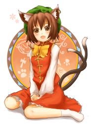 Rule 34 | 1girl, animal ears, bad id, bad pixiv id, brown eyes, brown hair, cat ears, cat girl, cat tail, chen, earrings, female focus, full body, green hat, hat, jewelry, kokotetsu, multiple tails, short hair, solo, tail, touhou, two tails, white background