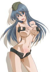 Rule 34 | 10s, 1girl, blue eyes, blue hair, breasts, cleavage, covering privates, covering breasts, dog tags, female focus, fingerless gloves, garrison cap, gloves, hands on own chest, hat, kyoudou maya, large breasts, long hair, looking at viewer, matching hair/eyes, mutou keiji, navel, no bra, open mouth, sabagebu!, shadow, shiny skin, short shorts, shorts, simple background, smile, solo, topless, unbuttoned, underboob, unzipped, white background