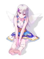 Rule 34 | 1girl, angel wings, blue dress, blush, breasts, cleavage, collarbone, commentary request, commission, dress, earrings, feathered wings, feet, foreshortening, fukukitaru, gold trim, grey hair, hair between eyes, hair ornament, hands on own knees, highres, jewelry, leaning forward, legs, legs together, long hair, looking at viewer, multicolored clothes, multicolored dress, necklace, ongeki, red eyes, shadow, short dress, simple background, sitting, skeb commission, sleeveless, sleeveless dress, soles, solo, sumeragi setsuna, thighs, toes, white background, white dress, wings
