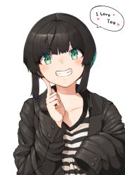 Rule 34 | 1girl, black hair, blush, english text, finger to cheek, green eyes, grin, jacket, long sleeves, looking at viewer, original, short hair, simple background, sleeves past fingers, sleeves past wrists, smile, solo, speech bubble, upper body, white background, yunimaru