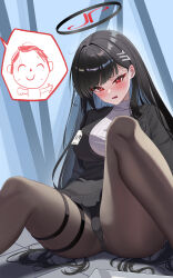 Rule 34 | 1girl, absurdres, doodle sensei (blue archive), black hair, black jacket, black panties, blue archive, blush, breasts, brown pantyhose, commentary request, hair ornament, hairclip, halo, highres, jacket, large breasts, long hair, mechanical halo, open mouth, panties, pantyhose, red eyes, ribbed sweater, ringed eyes, rio (blue archive), sensei (blue archive), sitting, solo, spoken character, su2ro, sweatdrop, sweater, thigh strap, thighs, turtleneck, underwear, white sweater