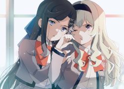 Rule 34 | 2girls, :t, annoyed, bad id, bad pixiv id, black hairband, blonde hair, blue bow, bow, bowtie, brown hair, collared shirt, commentary request, frown, grey jacket, hair bow, hair ornament, hairband, hand on another&#039;s shoulder, heads together, jacket, light particles, long hair, long sleeves, looking at another, multiple girls, nijiko (c2cs4q), one eye closed, pink eyes, purple eyes, red neckwear, saijou claudine, school uniform, seishou music academy uniform, shirt, shirt tucked in, shoujo kageki revue starlight, tendou maya, upper body, white shirt, x hair ornament, yuri