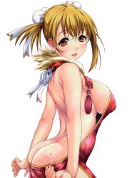 Rule 34 | 1girl, arched back, ass, breasts, brown eyes, brown hair, bun cover, covered erect nipples, cum, cum on ass, cum on body, cum on lower body, double bun, hair bun, highres, open mouth, shino (comic penguin club), sideboob, simple background, smile, solo