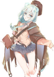 Rule 34 | 1girl, :o, animal ears, arknights, bear ears, blue eyes, blue hair, blue skirt, book, braid, brown cape, brown footwear, brown hat, cape, cardigan, e sky rugo, hat, highres, holding, holding book, istina (arknights), long hair, long sleeves, looking at viewer, miniskirt, monocle, open mouth, pleated skirt, semi-rimless eyewear, shoes, simple background, skirt, socks, solo, standing, standing on one leg, under-rim eyewear, white background, white socks, yellow cardigan