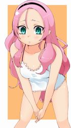 Rule 34 | 1girl, bent over, breasts, dress, female focus, frown, green eyes, hairband, leaning forward, long hair, momo (fruits box), original, pink hair, solo
