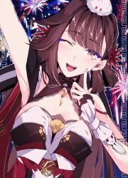 Rule 34 | 1girl, aer007580, arm up, breasts, brown eyes, brown hair, chinese clothes, commentary, finger to cheek, fireworks, highres, honkai (series), honkai impact 3rd, large breasts, li sushang, li sushang (jade knight), long hair, looking at viewer, one eye closed, open mouth, solo, teeth, upper body, upper teeth only