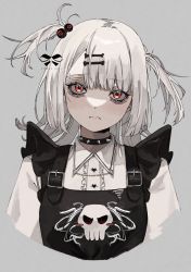 Rule 34 | 1girl, absurdres, bow, choker, collar, grey background, hair bow, hair ornament, hairclip, highres, long hair, original, overalls, red eyes, ribbon, ribbon akai, spiked collar, spikes, twintails, white hair