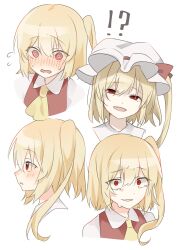 Rule 34 | !?, + +, 1girl, :d, @ @, ascot, blonde hair, blush, closed eyes, cropped shoulders, expressions, eyes visible through hair, fang, flandre scarlet, flying sweatdrops, full-face blush, half-closed eyes, hat, highres, mob cap, multiple views, no headwear, one side up, open mouth, pointy ears, profile, short hair with long locks, simple background, skin fang, smile, suikario, touhou, white background, yellow ascot