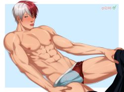 Rule 34 | 1boy, abs, blue background, boku no hero academia, border, bulge, burn scar, clothes pull, cowboy shot, grey eyes, half-closed eyes, heart, highres, male focus, male underwear, multicolored hair, muscular, navel, nipples, panties, pants, pants pull, pectorals, red eyes, red hair, red male underwear, red panties, riffraffhellyea, scar, solo, todoroki shouto, tongue, tongue out, topless male, two-tone hair, underwear, white border, white hair