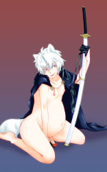 Rule 34 | 1boy, absurdres, animal ears, censored, dog ears, heart, highres, male focus, ooojustitiaooo, pregnant, solo, sword, trap, weapon, white hair