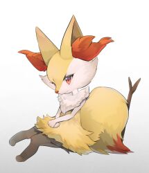 Rule 34 | 1other, animal ear fluff, braixen, closed mouth, commentary request, creatures (company), ebichi (mon600n), full body, furry, game freak, gen 6 pokemon, highres, knees together feet apart, looking down, nintendo, own hands together, pokemon, pokemon (creature), red eyes, sitting, smile, solo, stick, white background