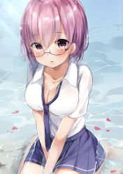 Rule 34 | 1girl, absurdres, alternate costume, barefoot, between legs, black-framed eyewear, blue necktie, blue skirt, blush, breasts, cleavage, collarbone, collared shirt, commentary request, fate/grand order, fate (series), glasses, hair between eyes, hand between legs, highres, large breasts, mash kyrielight, mochi nabe, necktie, parted lips, pleated skirt, purple eyes, purple hair, semi-rimless eyewear, shallow water, shirt, short sleeves, sitting, skirt, solo, under-rim eyewear, v arms, wariza, water, wet, wet clothes, wet hair, wet shirt, white shirt